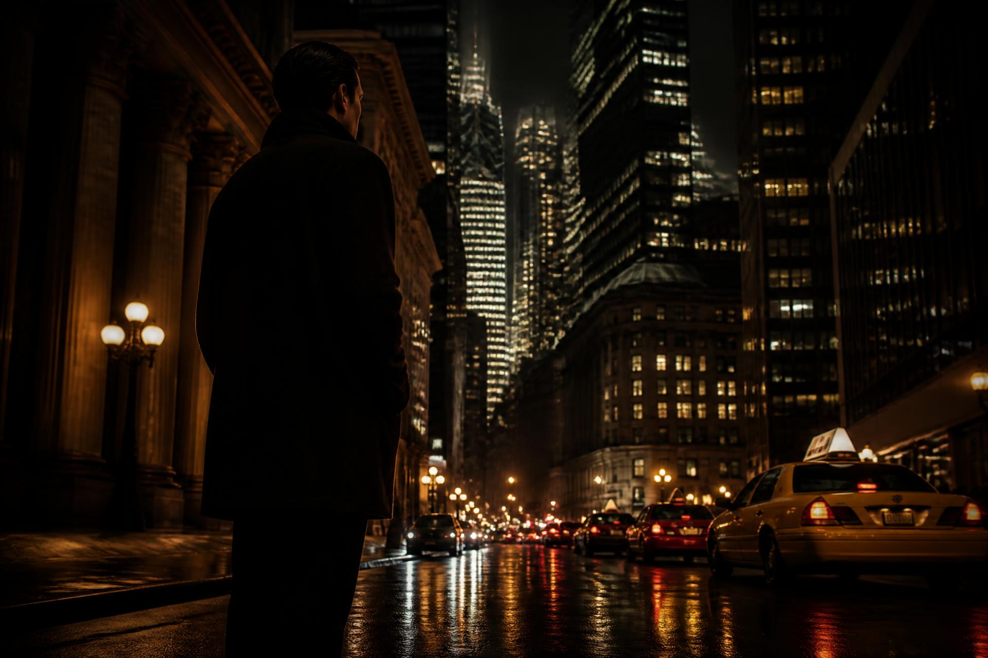 Manhattan street at night, lit by taxi headlights and skyscraper windows