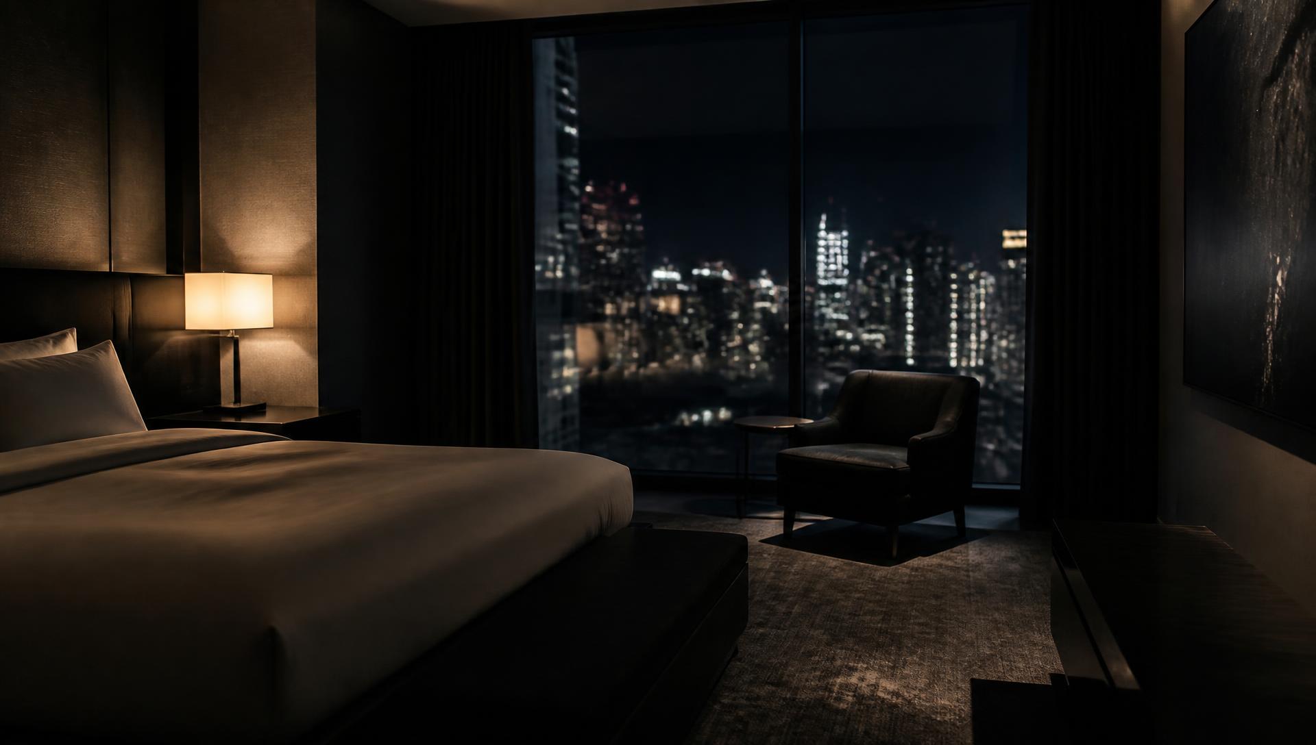 Dark luxury Manhattan hotel suite at night