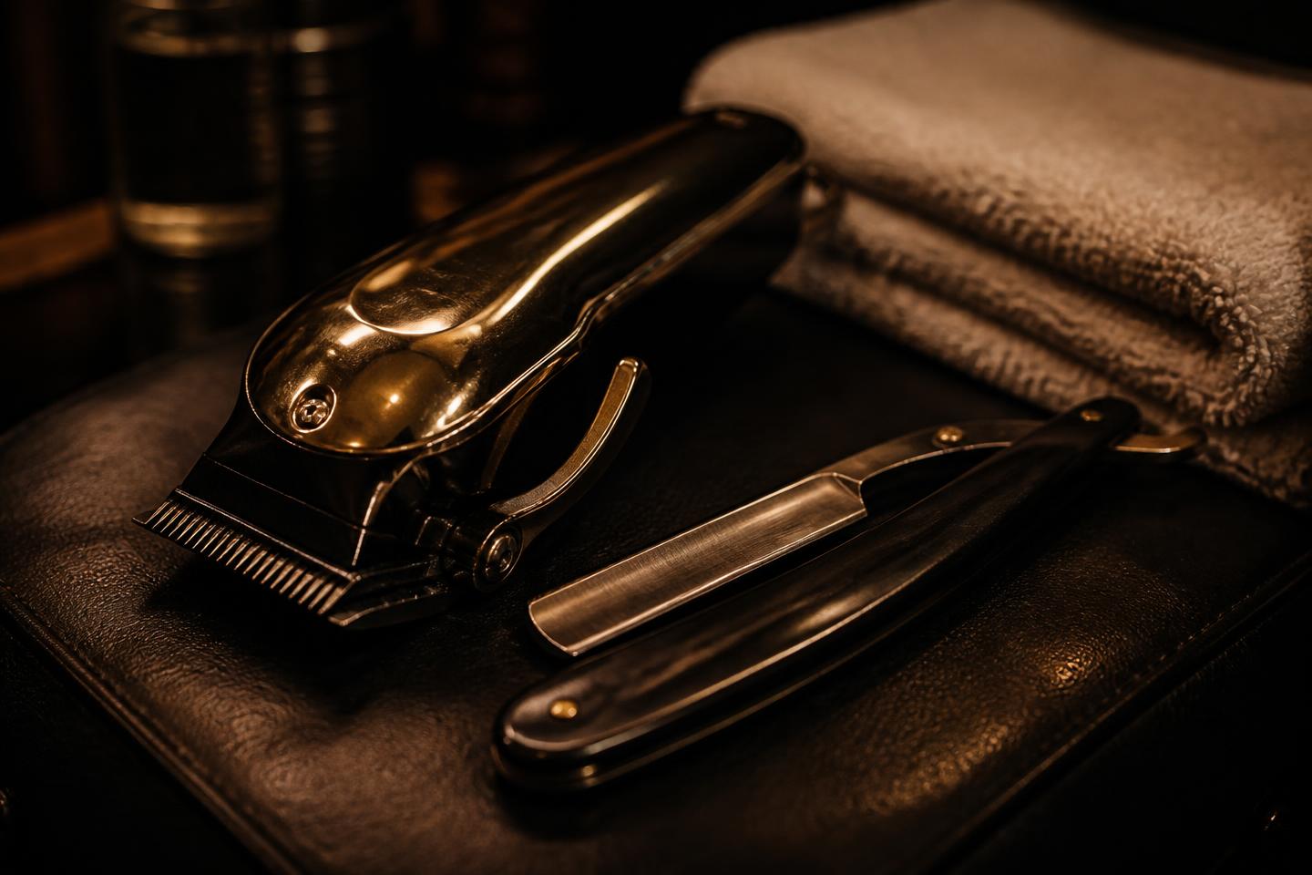 Professional barber clippers and straight razor on dark leather